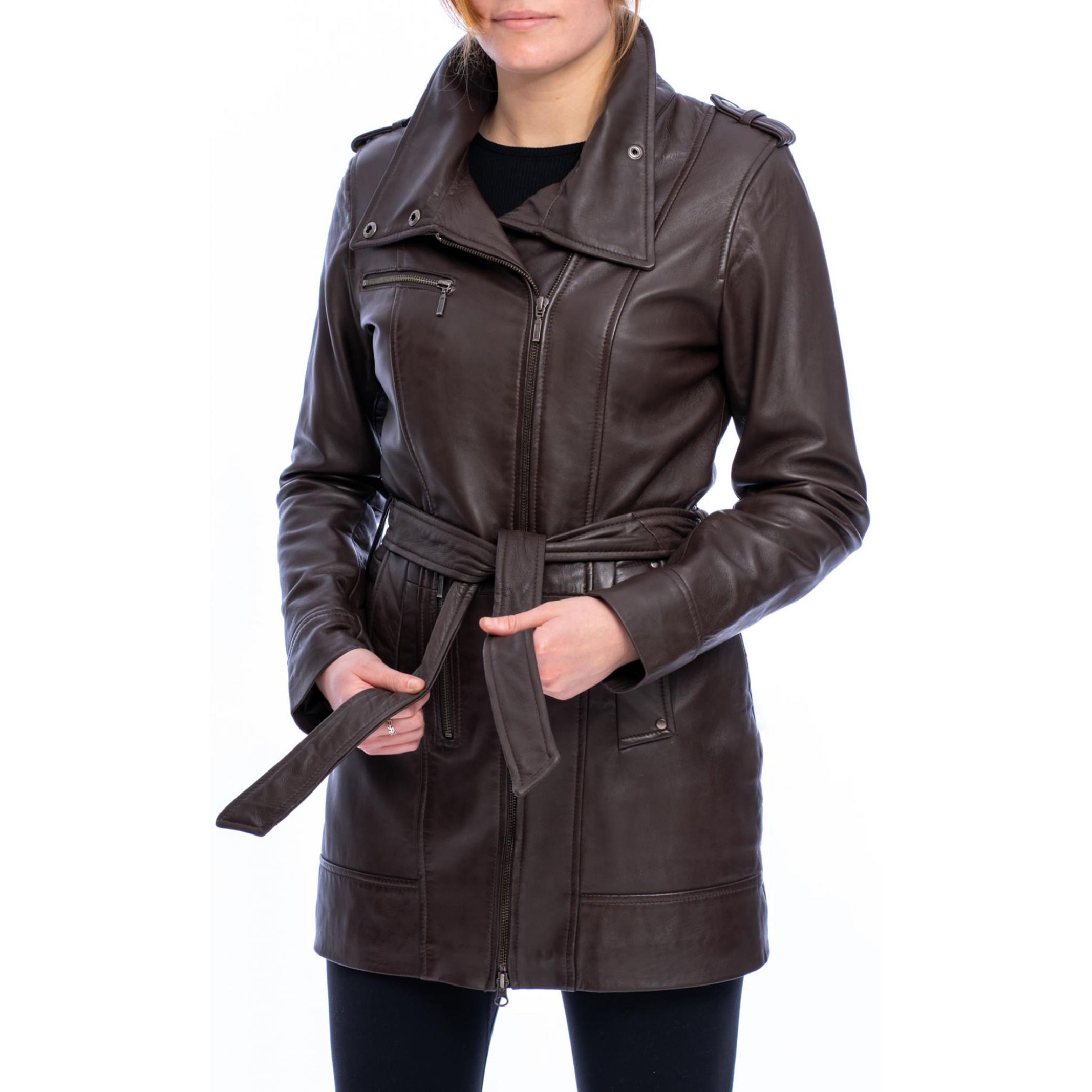 Women's Brown Tie Belt Leather Coat