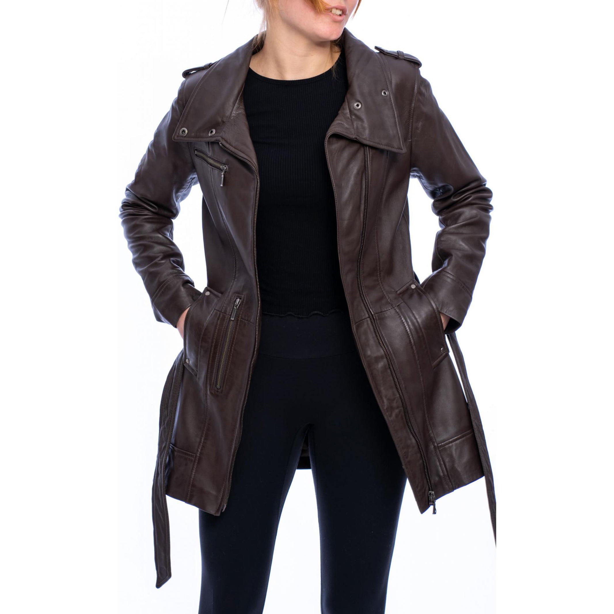 Women's Brown Tie Belt Leather Coat