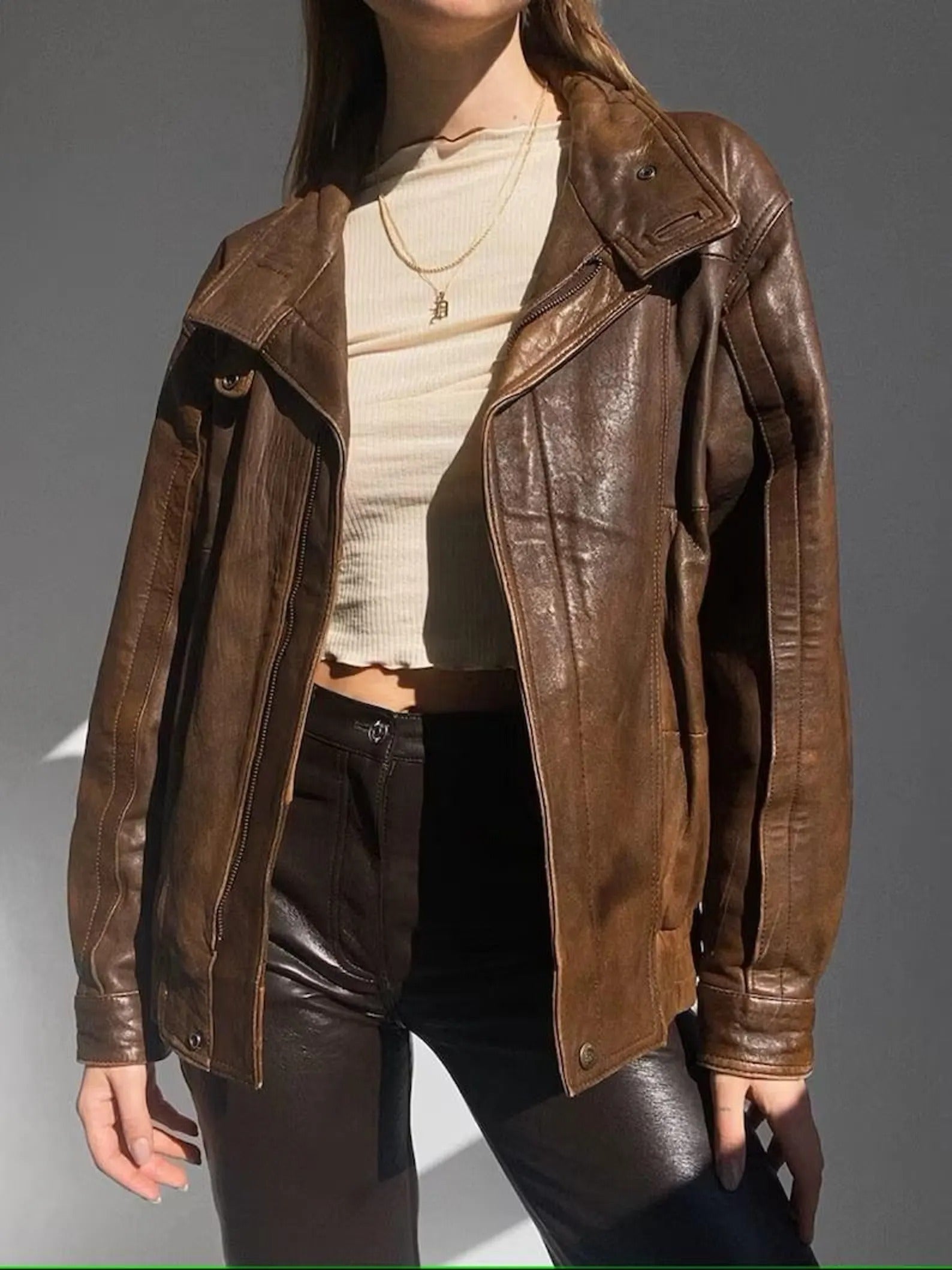 Women's Brown Vintage Straight Oversized Lambskin Leather Jacket