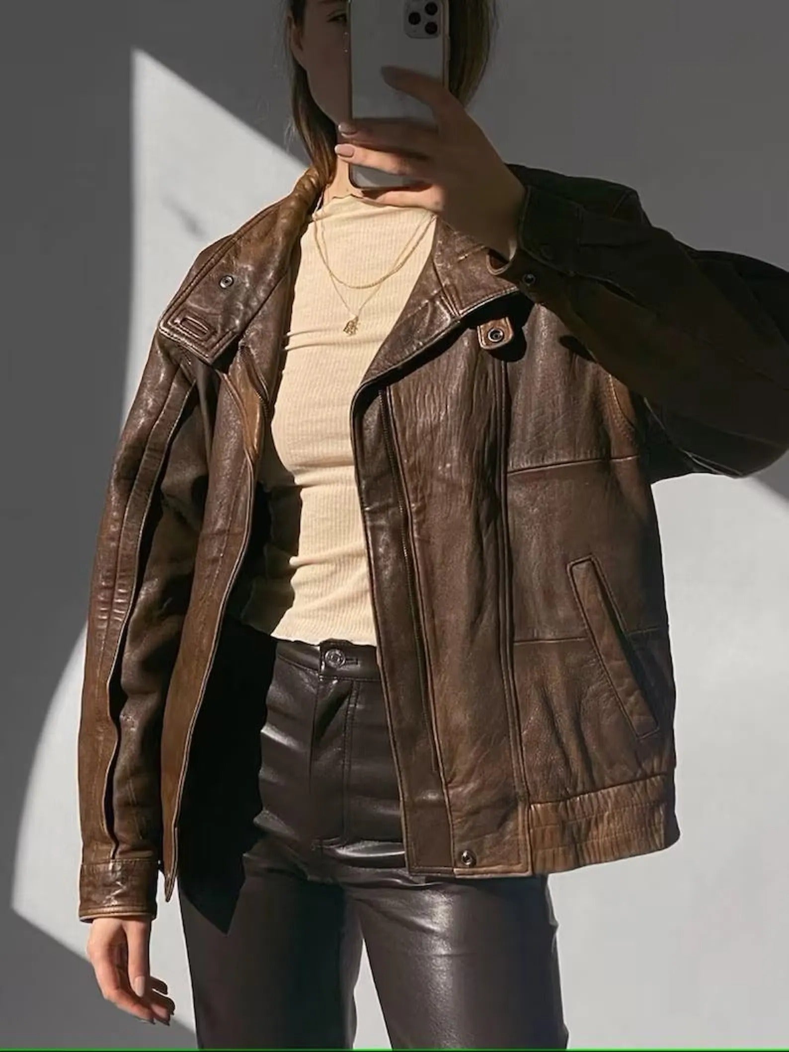 Women's Brown Vintage Straight Oversized Lambskin Leather Jacket