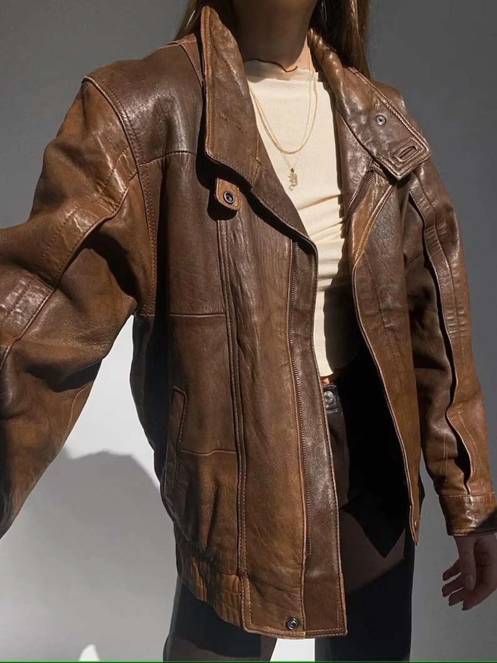 Women's Brown Vintage Straight Oversized Lambskin Leather Jacket