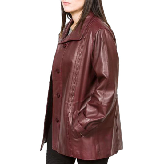 Women's Burgundy Comfort Fit Leather Coat