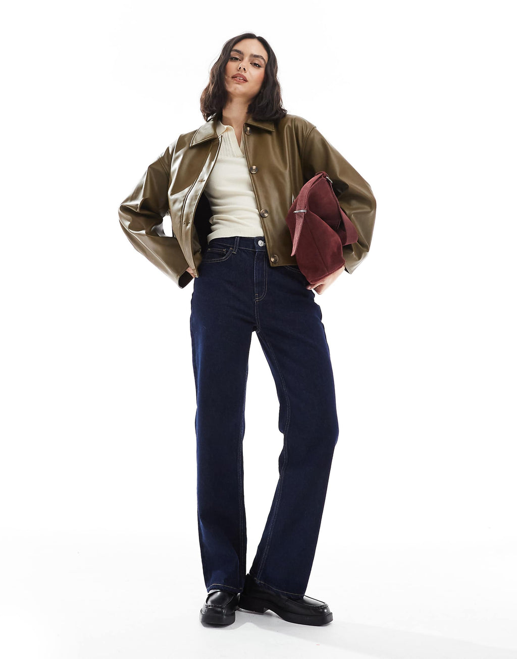 Women's Button Through Collar Simple Leather Jacket