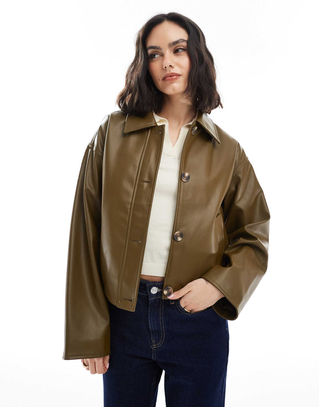 Damen-Lederjacke mit durchgehendem Knopfkragen und schlichter Passform