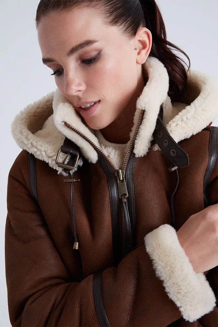Women's Chloe Detachable Hooded Shearling Sheepskin Leather Jacket