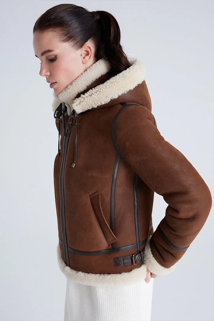 Women's Chloe Detachable Hooded Shearling Sheepskin Leather Jacket