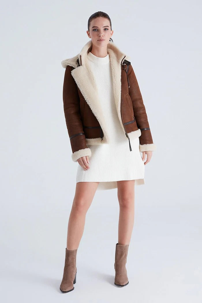 Women's Chloe Detachable Hooded Shearling Sheepskin Leather Jacket