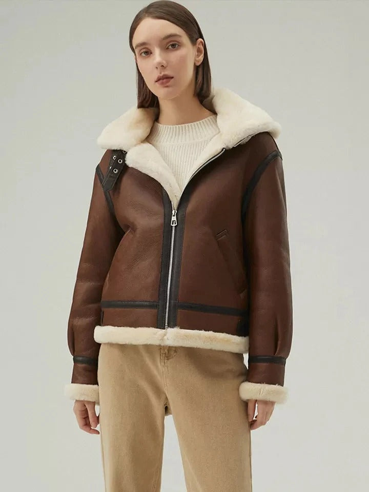 Women’s Chocolate Brown Removable Hood Leather Shearling Jacket