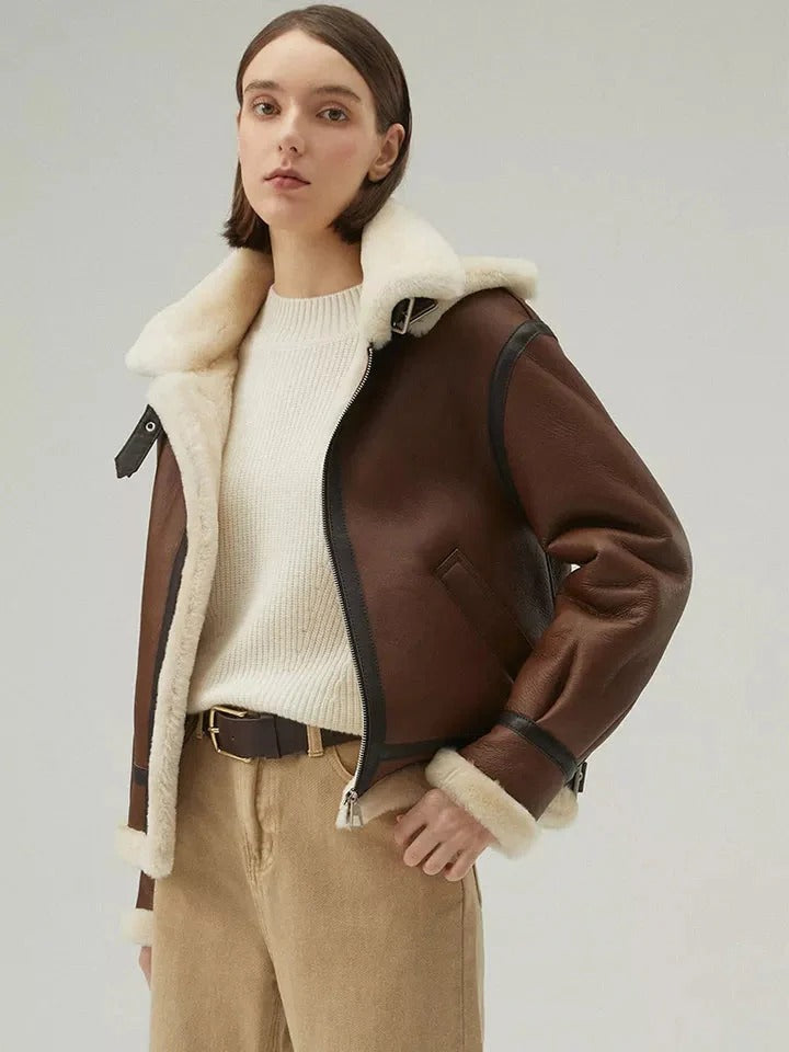 Women’s Chocolate Brown Removable Hood Leather Shearling Jacket