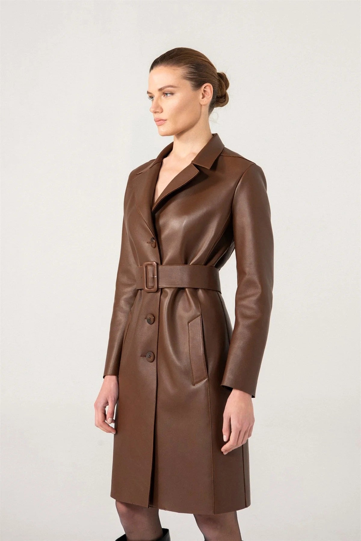 Women’s Chocolate One Inner Pocket Brown Sheepskin Leather Trench Coat