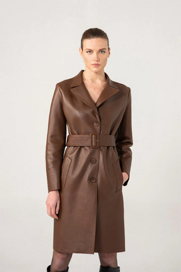 Women’s Chocolate One Inner Pocket Brown Sheepskin Leather Trench Coat