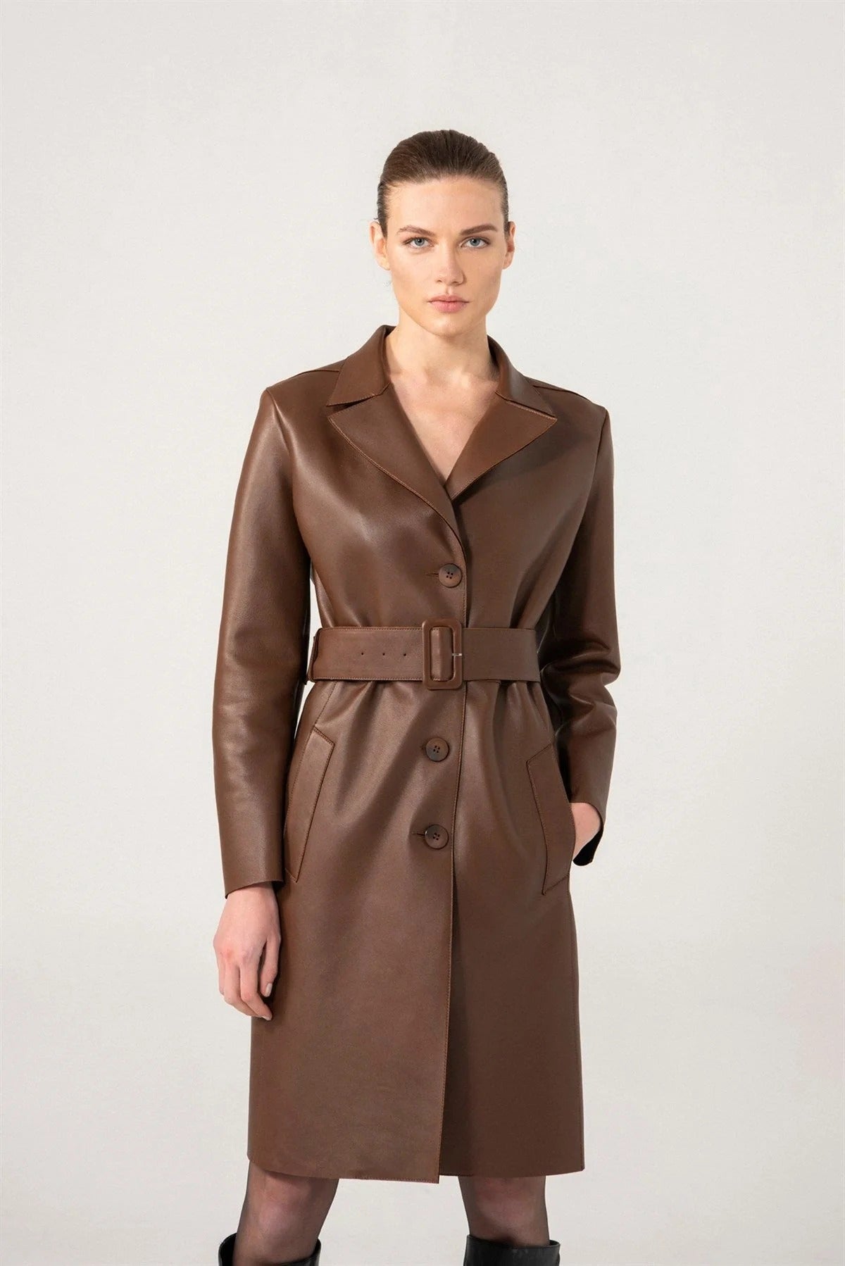 Women’s Chocolate One Inner Pocket Brown Sheepskin Leather Trench Coat
