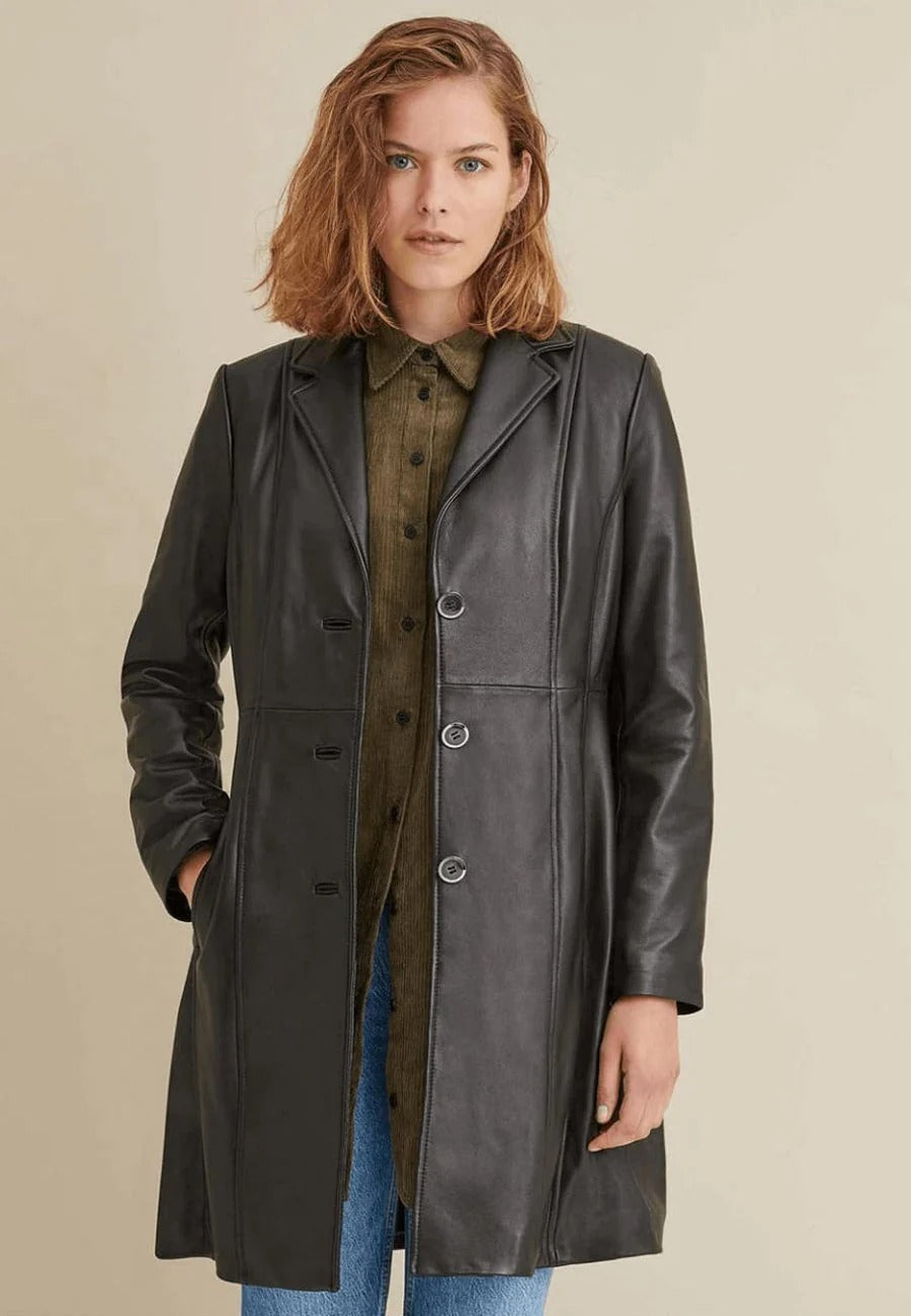 Women’s Classic Black Collared Leather Long Trench Coat