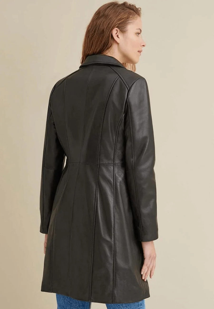 Women’s Classic Black Collared Leather Long Trench Coat