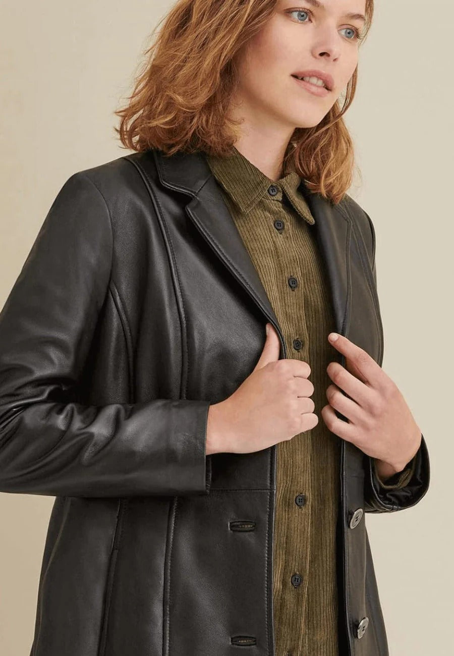 Women’s Classic Black Collared Leather Long Trench Coat