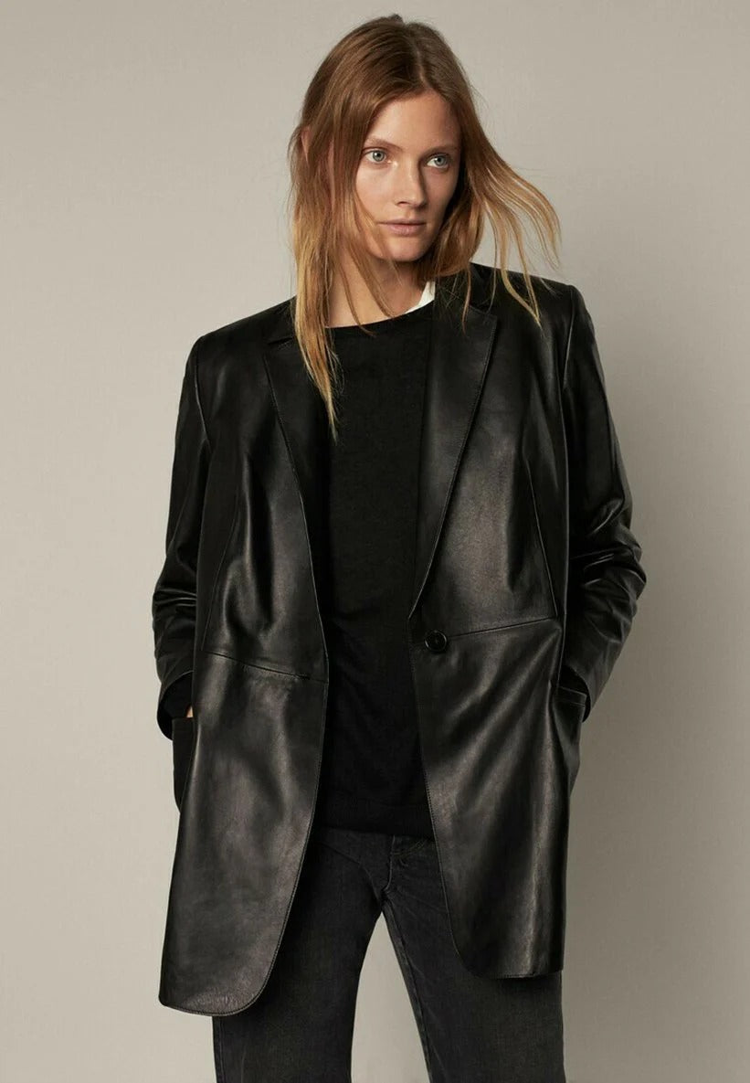 Women’s Classic Black Oversized Fit Leather Short Trench Coat