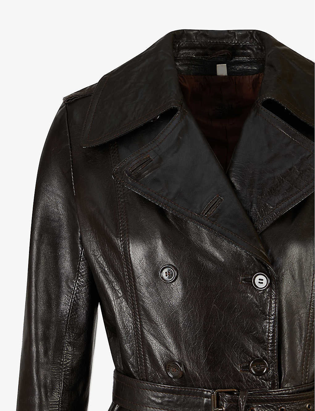 Women’s Classic Black Two Pocket Belted Leather Trench Coat