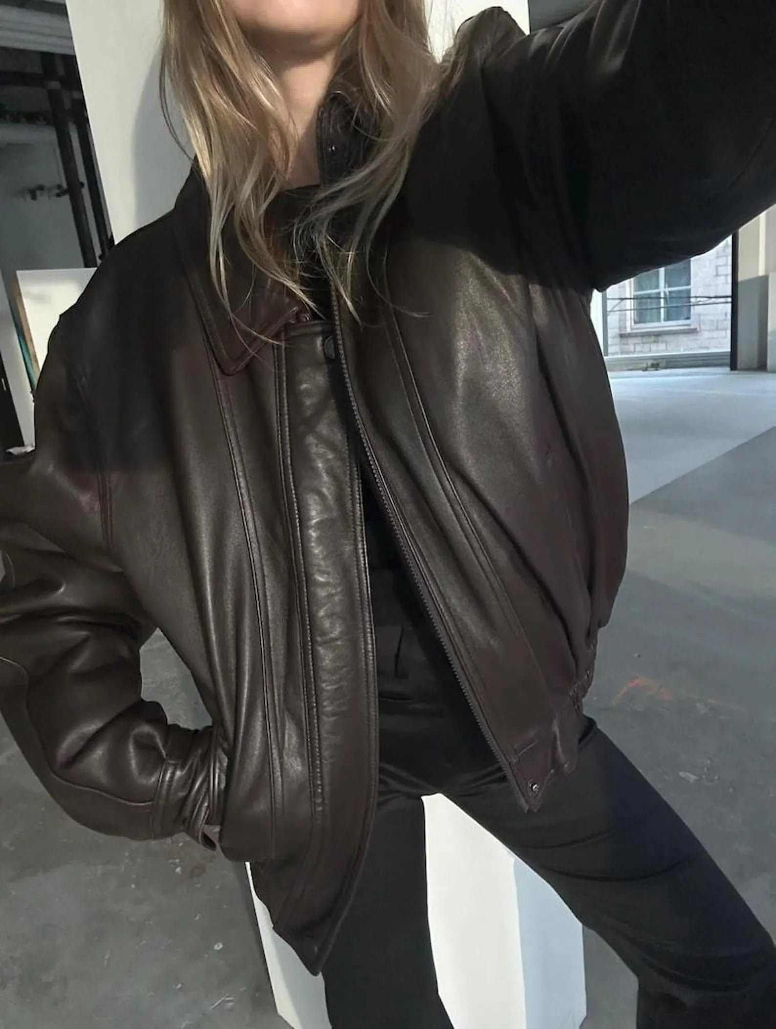 Women's Classic Retro Black Adjustable Fit Oversized Genuine Leather Jacket