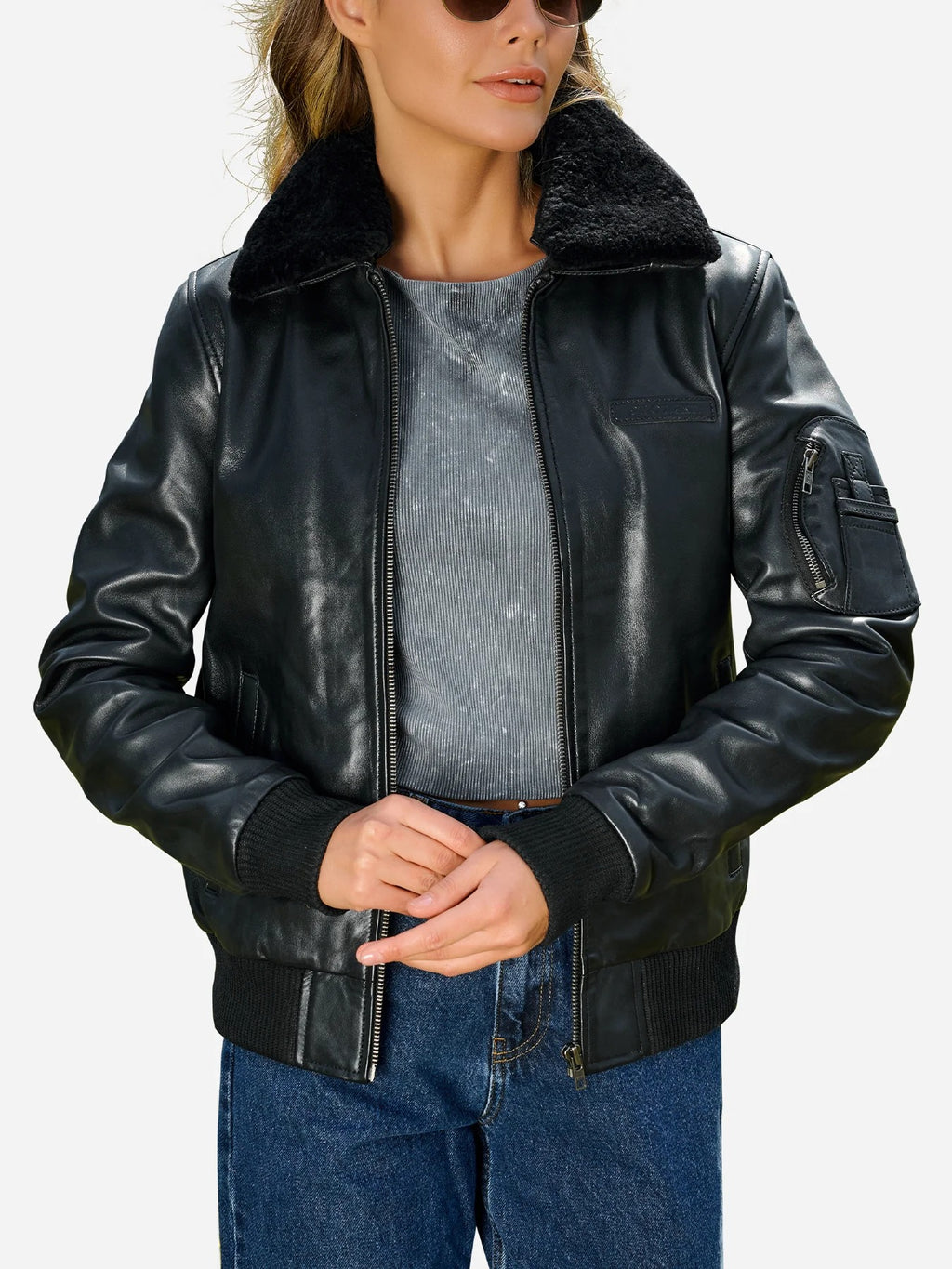Women's Collar Fur Aviator Bomber Leather Jacket
