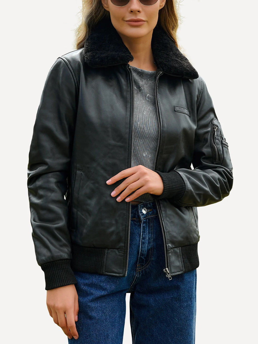 Women's Collar Fur Aviator Bomber Leather Jacket