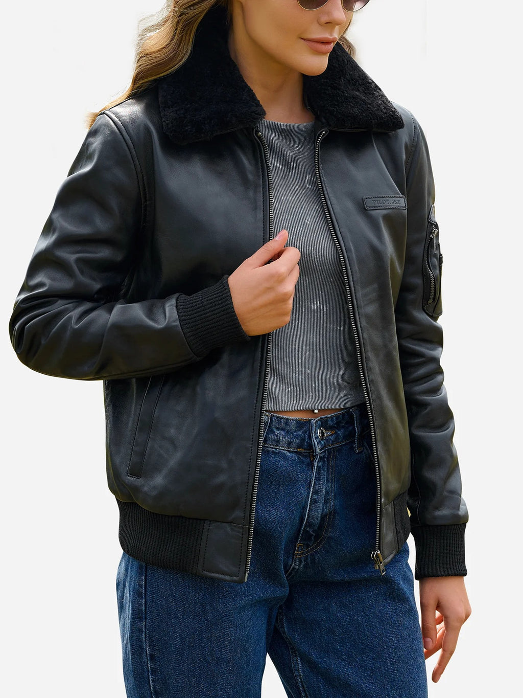 Women's Collar Fur Aviator Bomber Leather Jacket