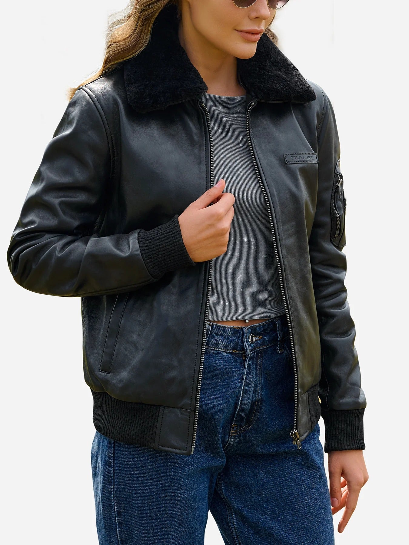 Women's Collar Fur Aviator Bomber Leather Jacket