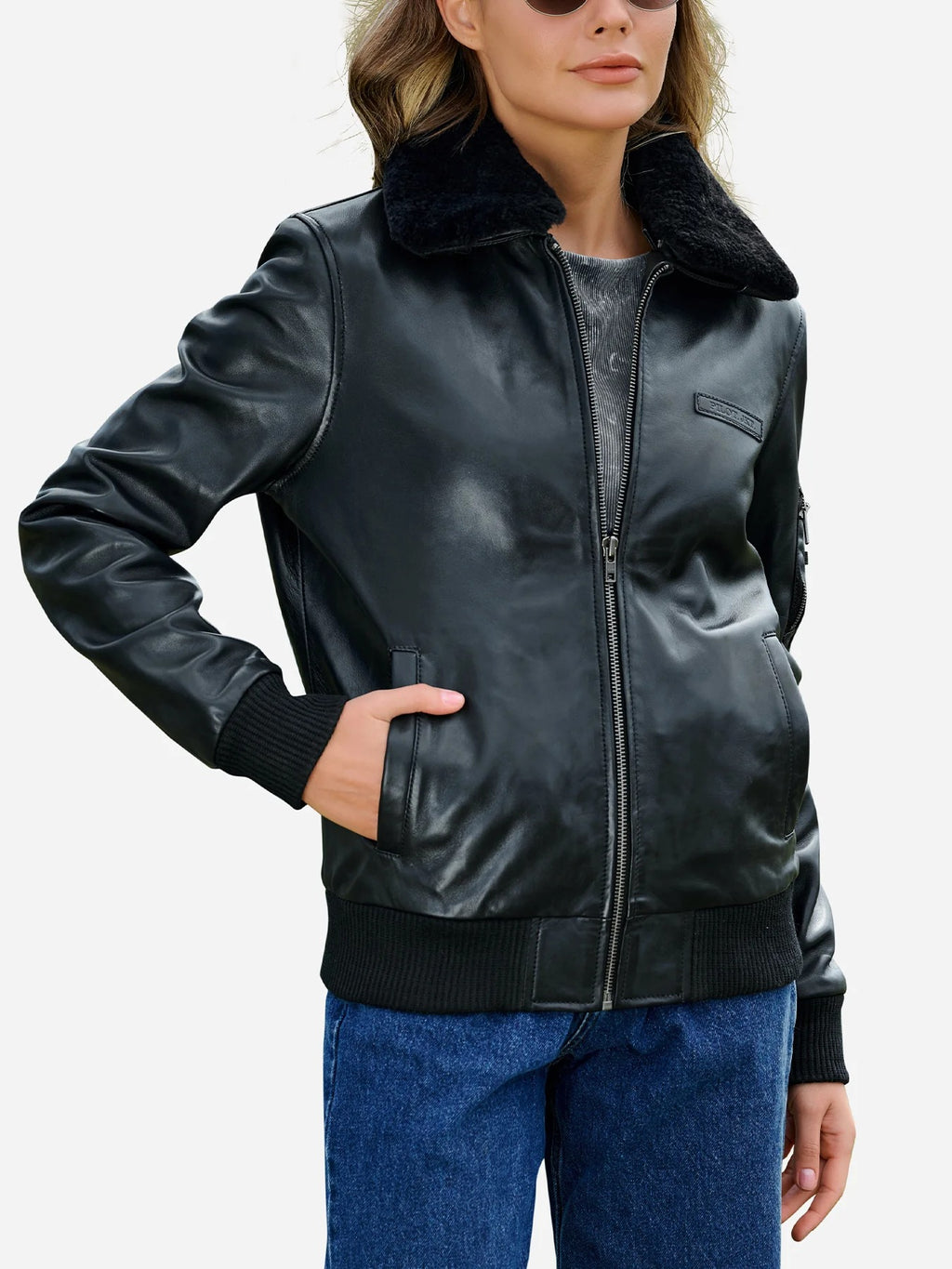 Women's Collar Fur Aviator Bomber Leather Jacket