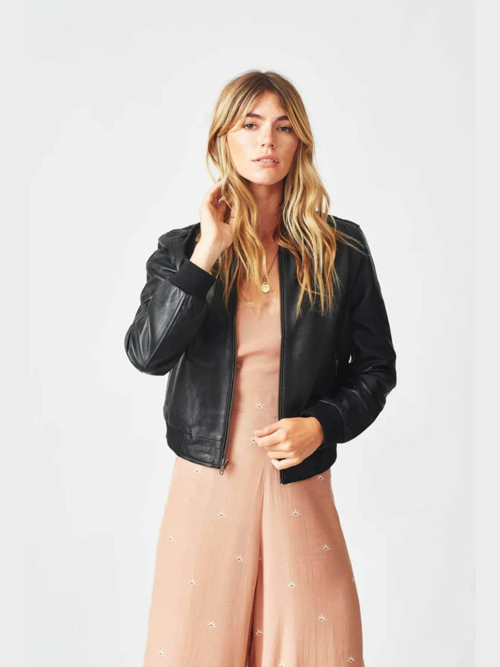 Women's Collarless Aviator Bomber Leather Jacket