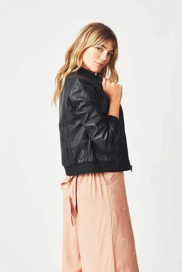 Women's Collarless Aviator Bomber Leather Jacket