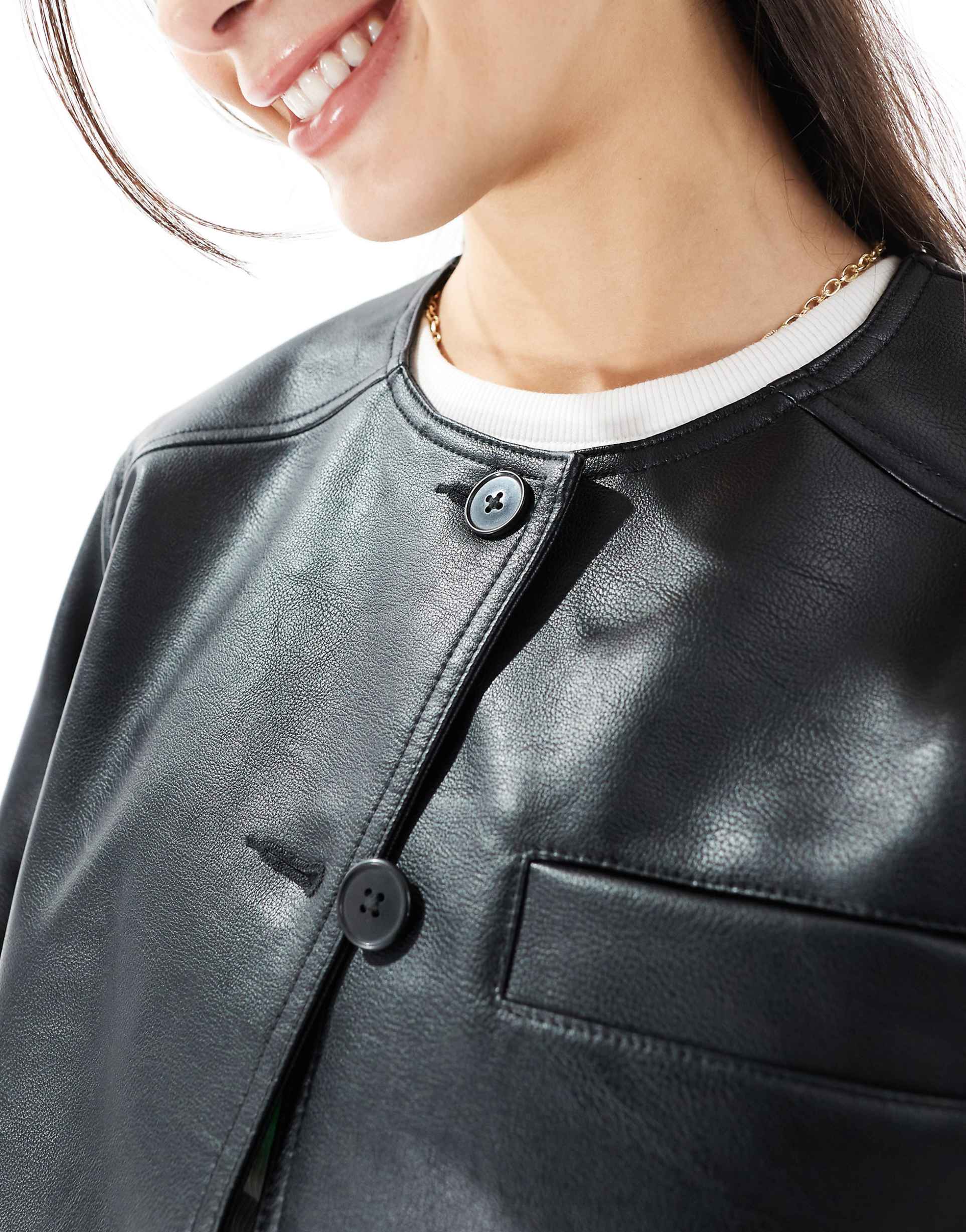 Women's Collarless Black Leather Jacket