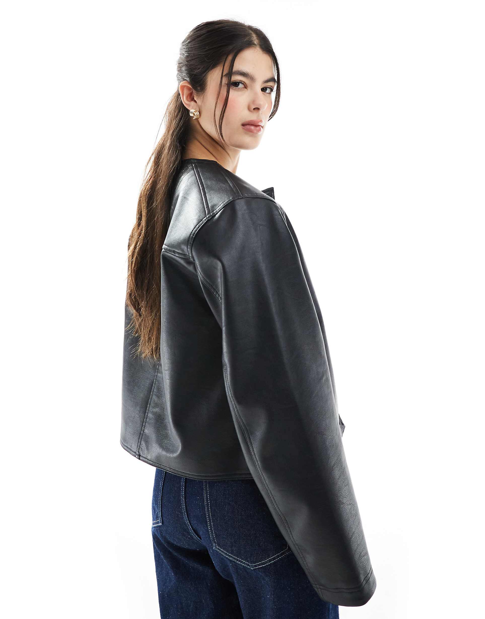 Women's Collarless Black Leather Jacket