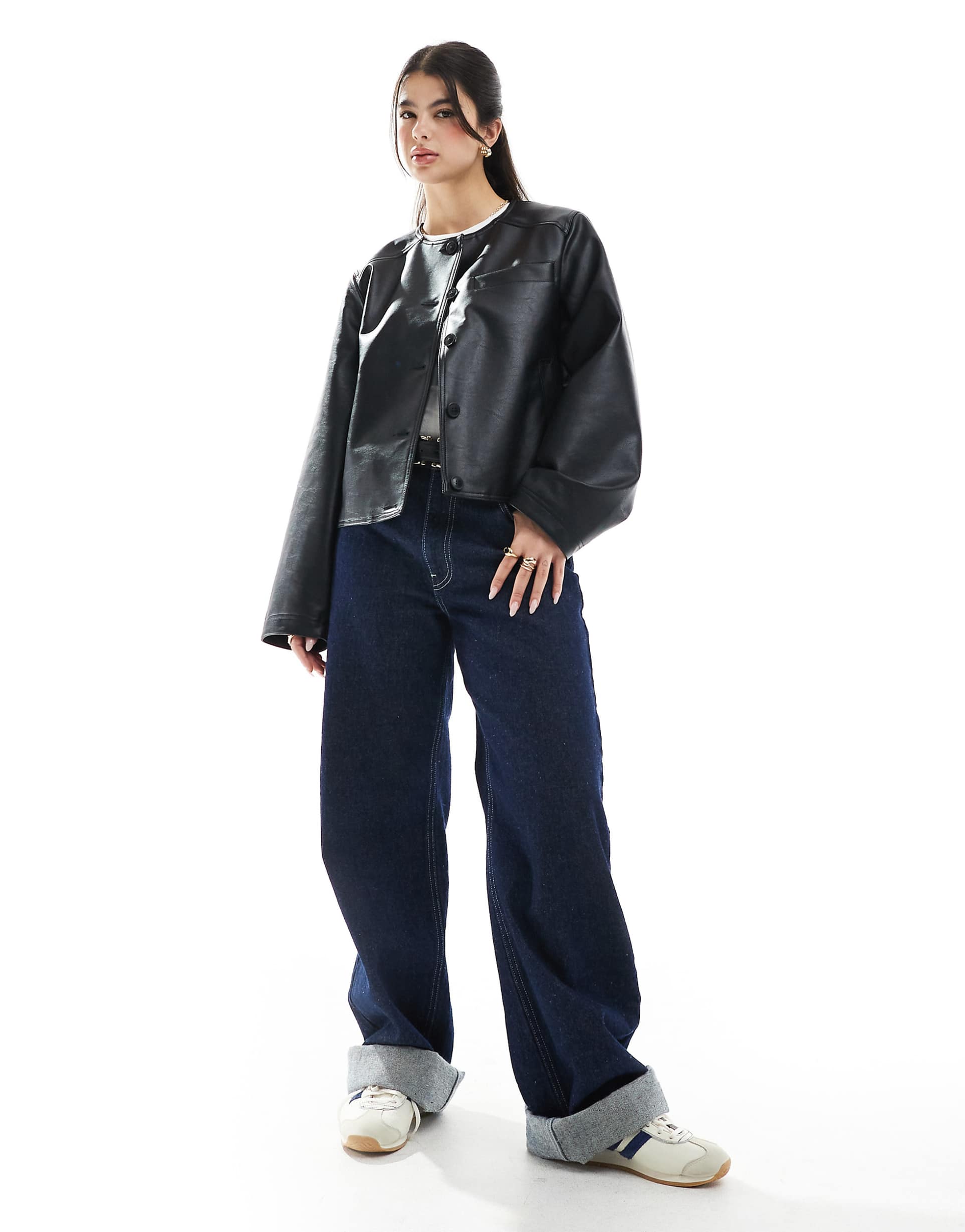 Women's Collarless Black Leather Jacket