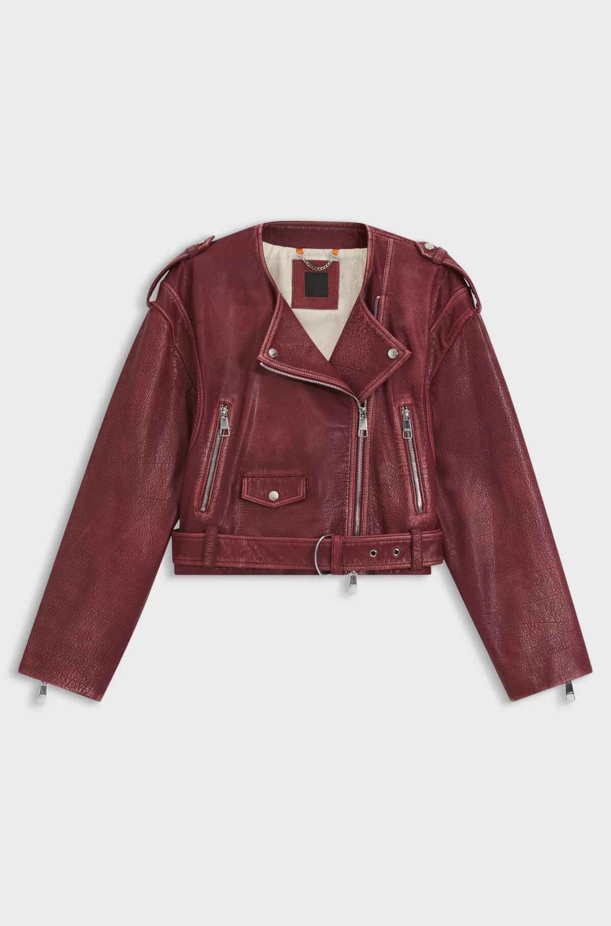 Kragenlose, kurze Bikerjacke aus genarbtem Leder für Damen