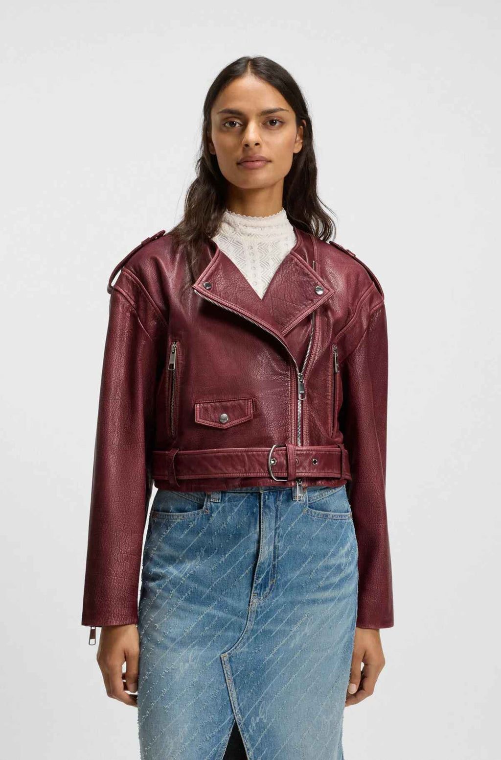 Women's Collarless Grained Leather Cropped Biker Jacket Grained Leather