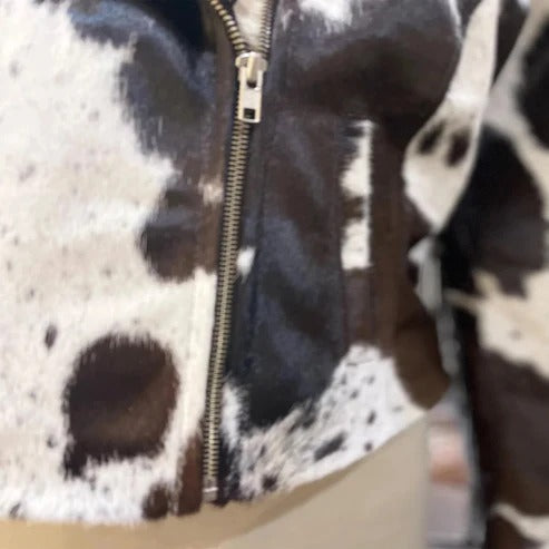 Women's Cowhide Leather Jacket Black and White