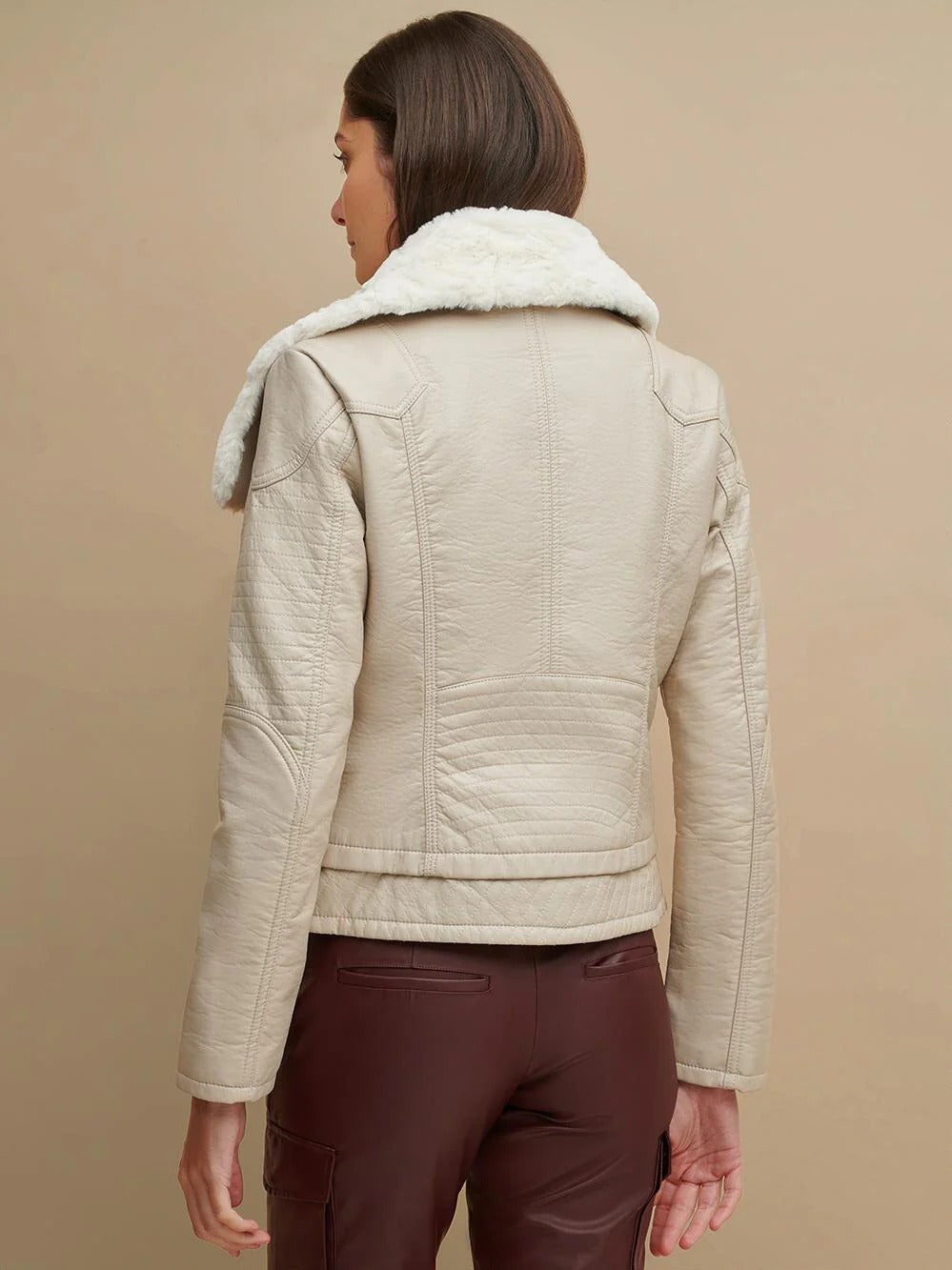 Women’s Cream Beige Big Collared  Leather Shearling Jacket