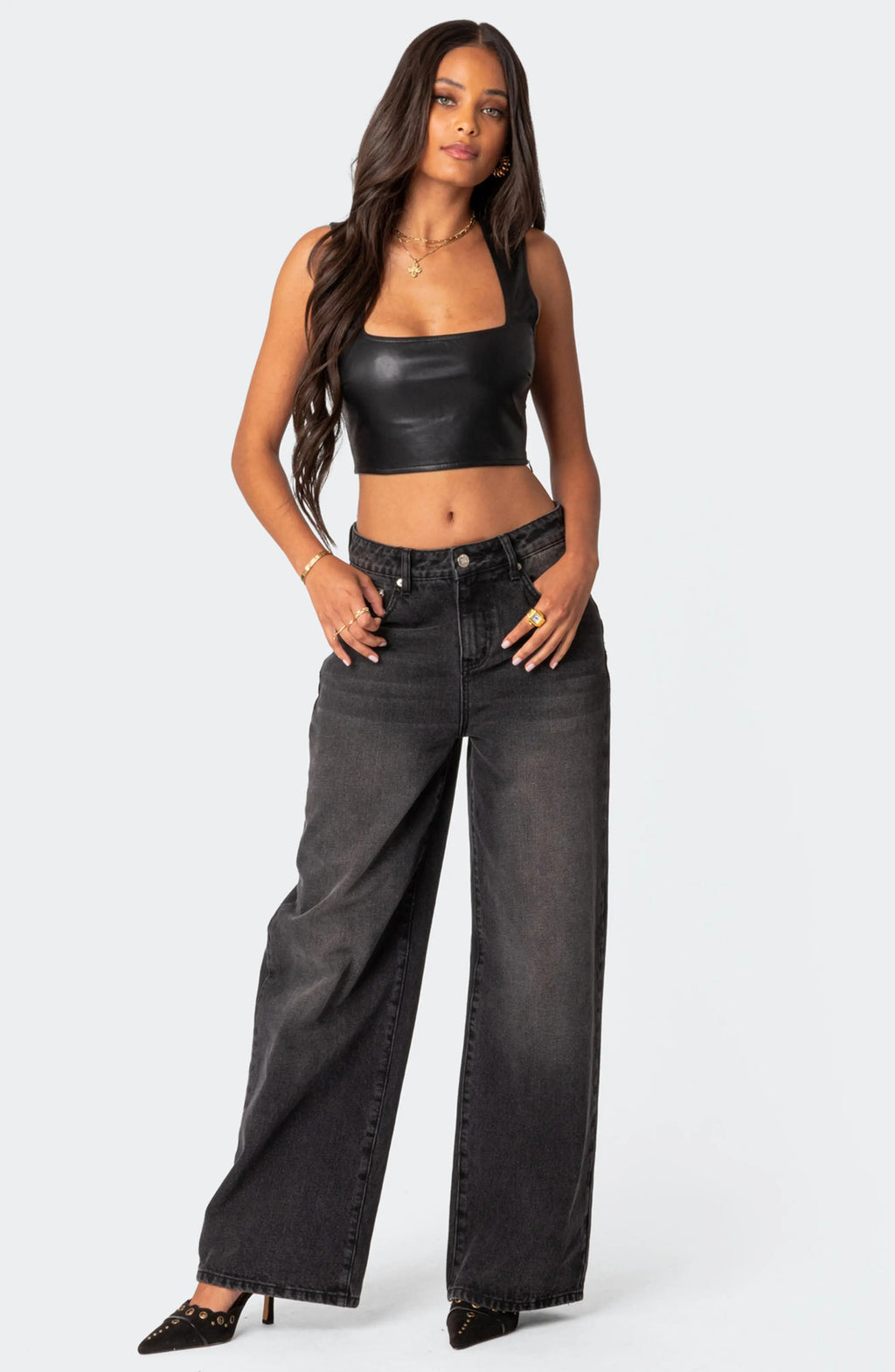 Women's Crescent Black Crop Leather Top