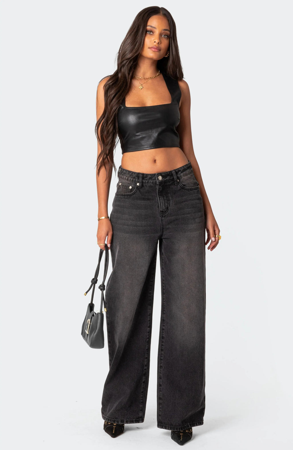 Women's Crescent Black Crop Leather Top