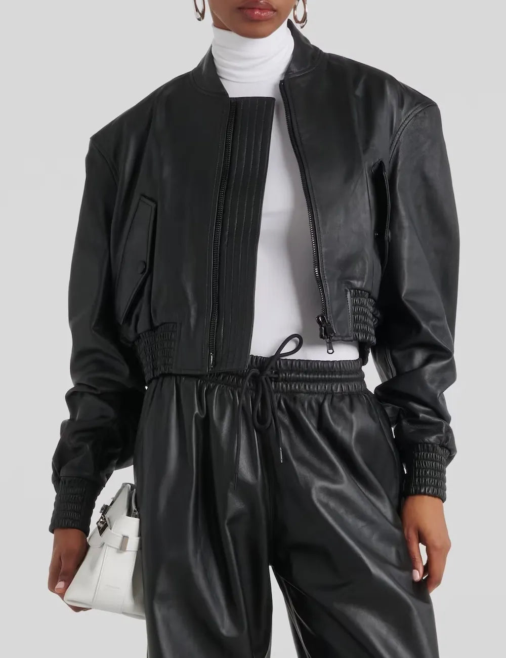 Women's Cropped Aviator Bomber Leather Jacket