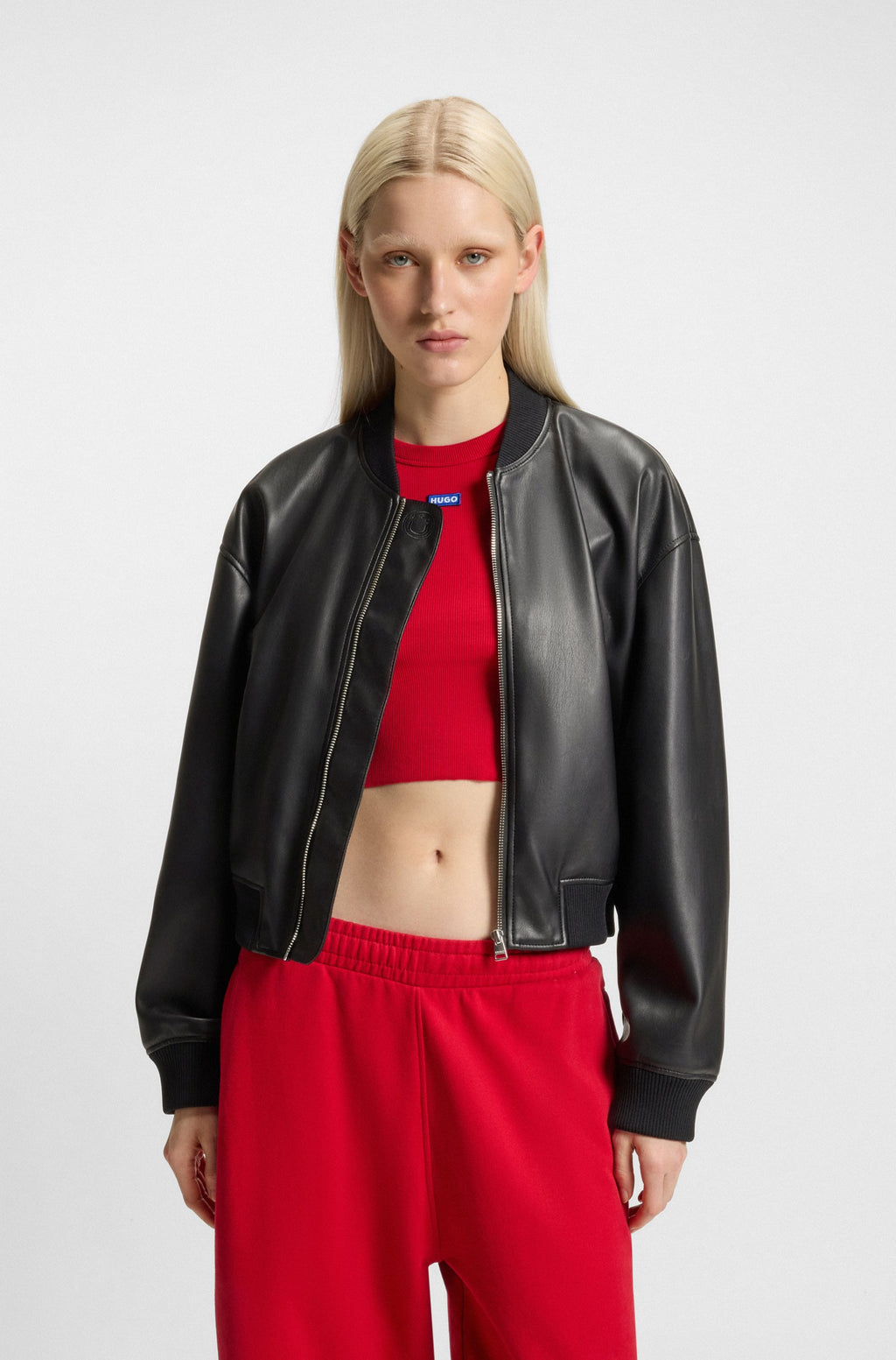 Women's Cropped Bomber Jacket in Faux Leather