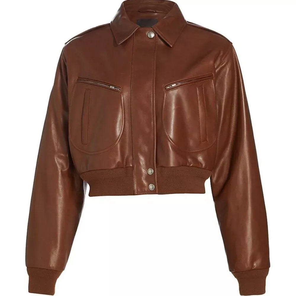 Women's Cropped Brown Leather Bomber Jacket