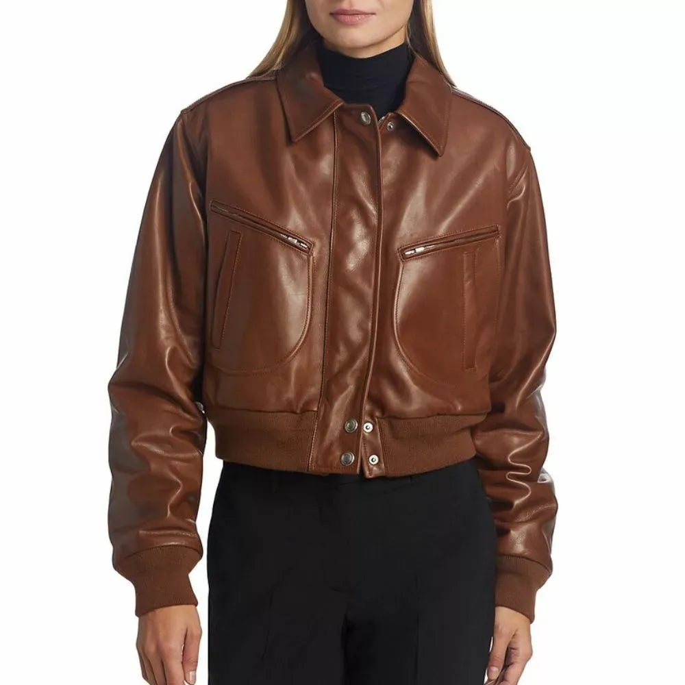 Women's Cropped Brown Leather Bomber Jacket