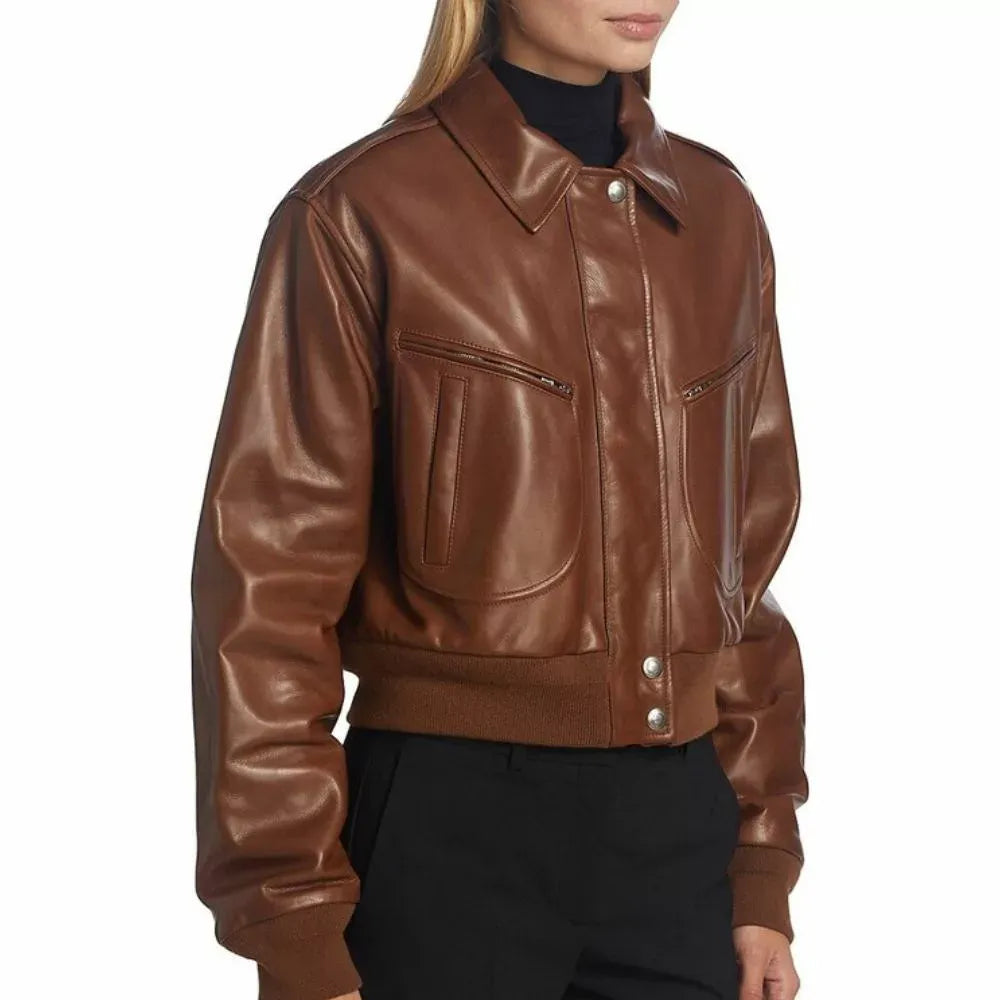 Women's Cropped Brown Leather Bomber Jacket