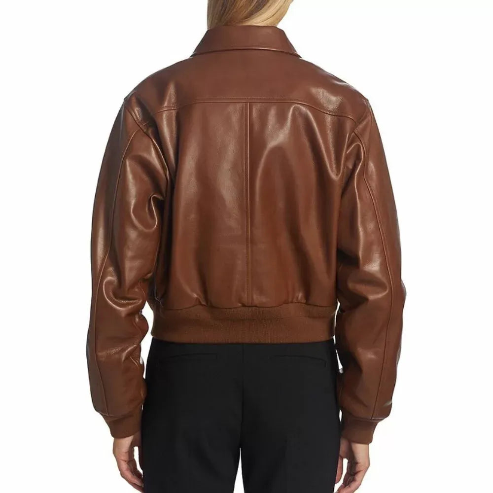 Women's Cropped Brown Leather Bomber Jacket