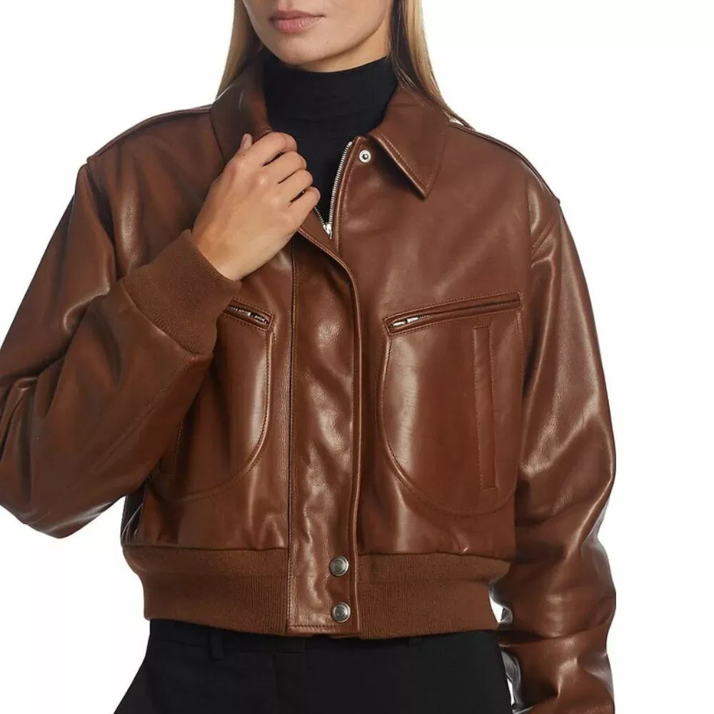 Women's Cropped Brown Leather Bomber Jacket