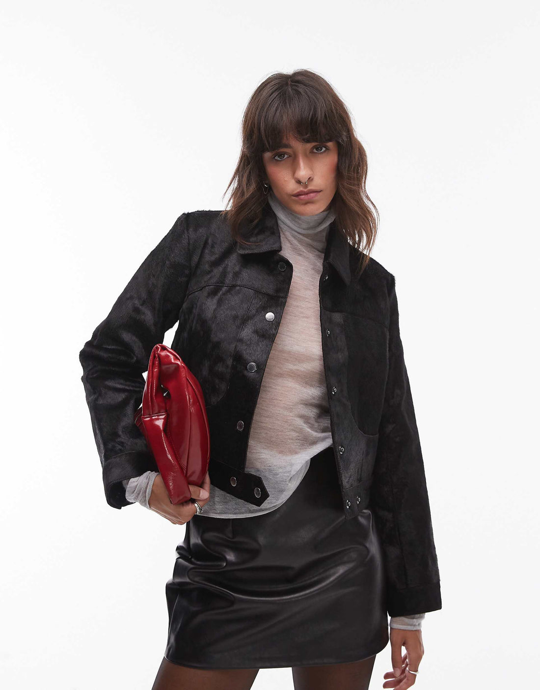 Women's Cropped Length Simple Leather Jacket