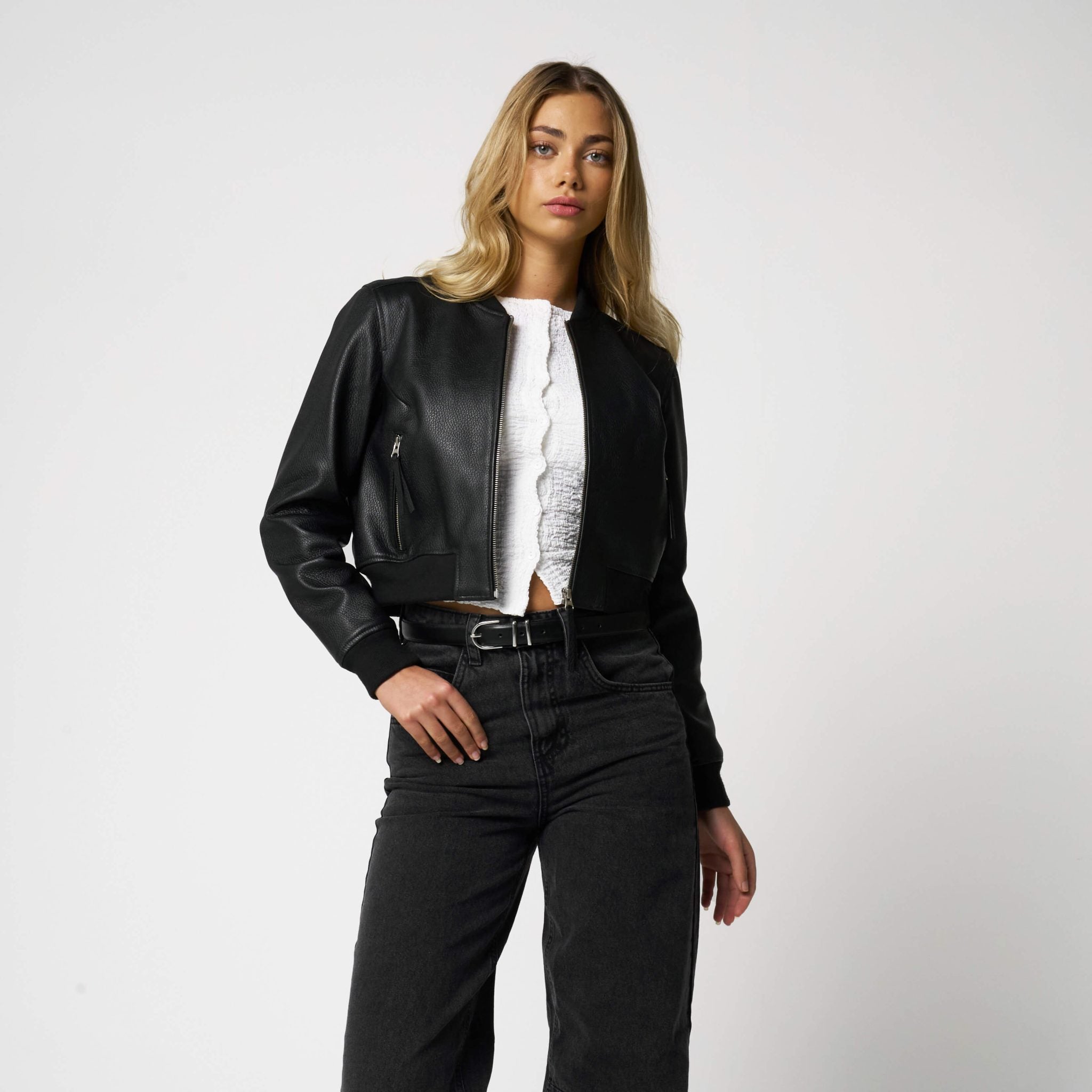 Women’s Cropped Textured Finish Bomber Jacket