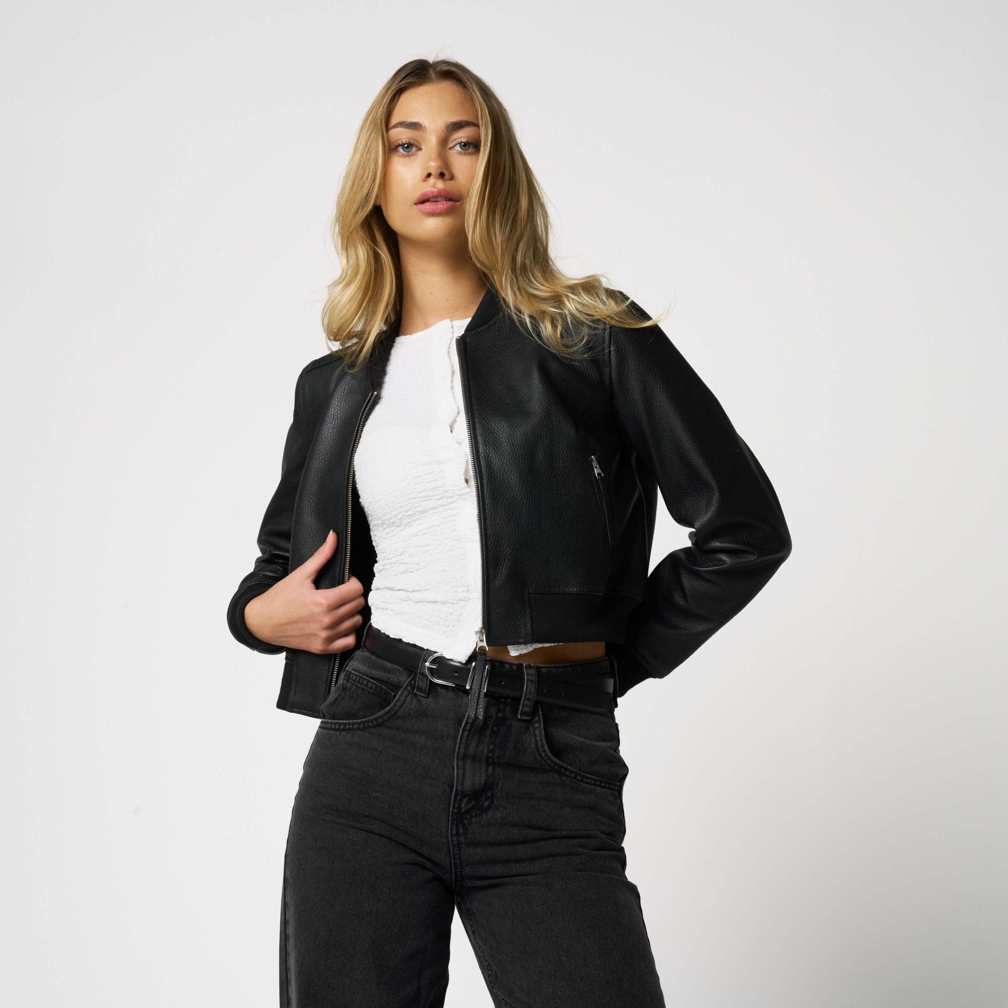 Women’s Cropped Textured Finish Bomber Jacket