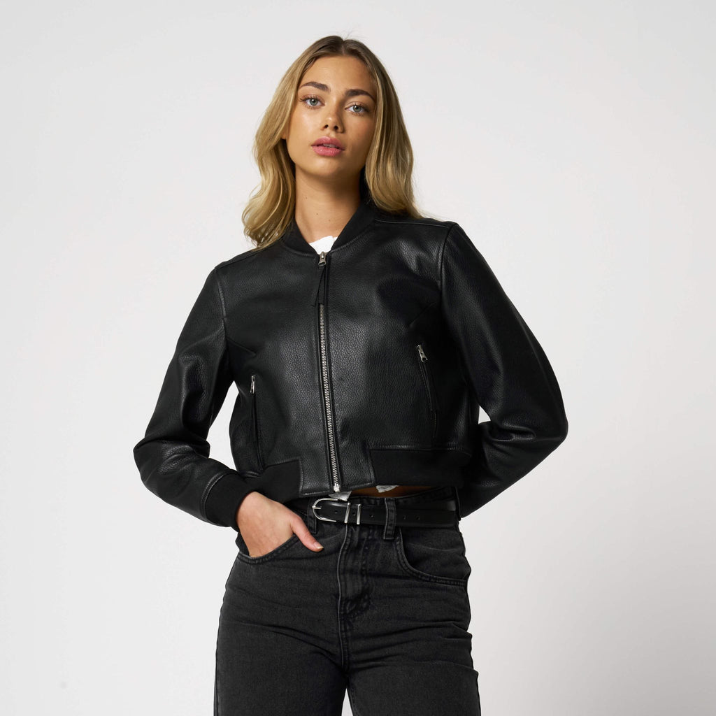Women’s Cropped Textured Finish Bomber Jacket