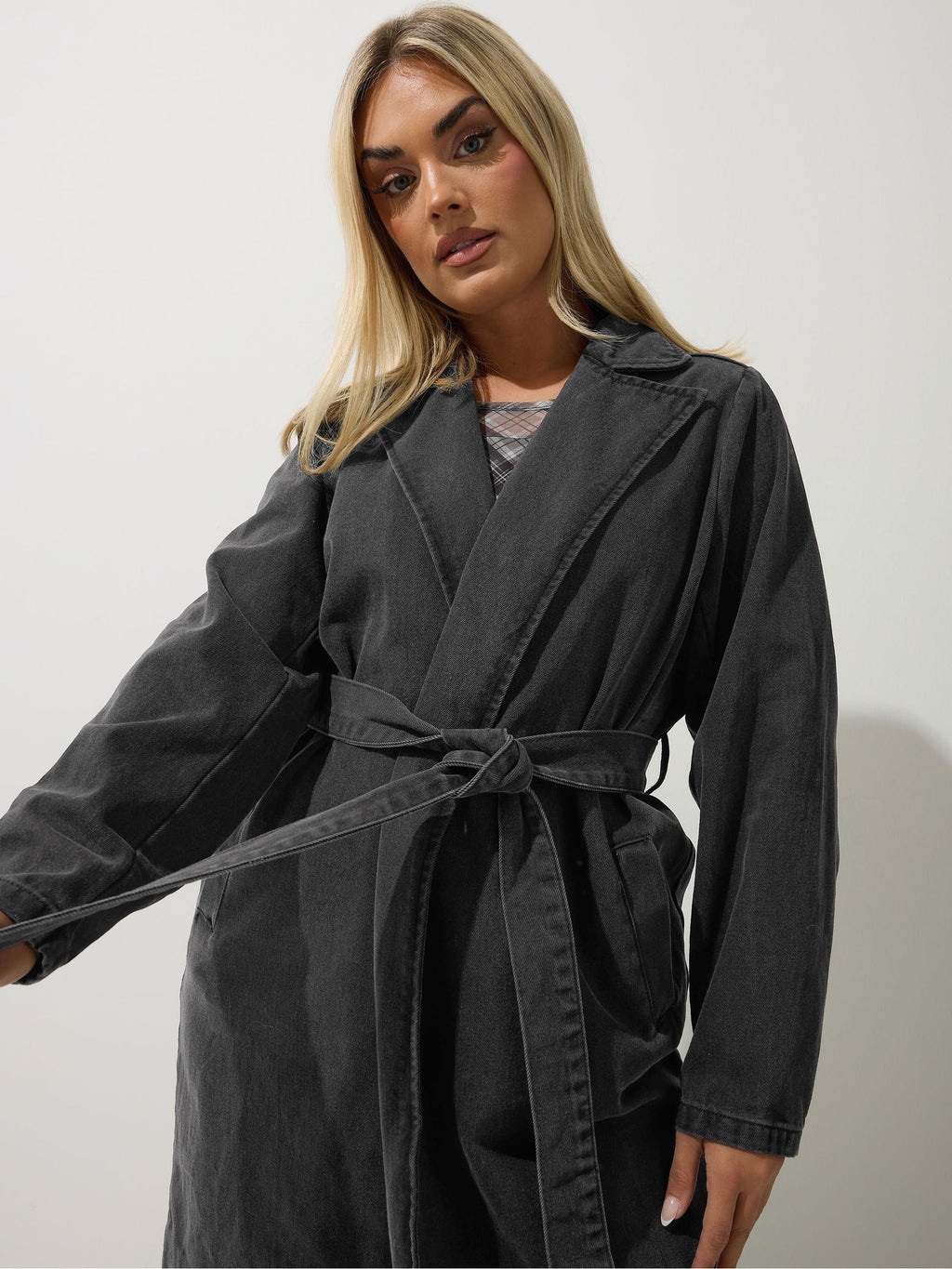 Women's Curve Black Longline Denim Trench Coat